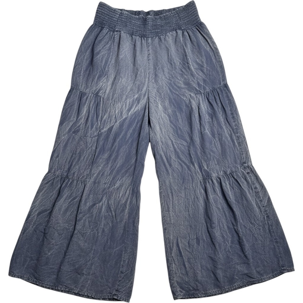 Nostalgia Blue Acid Wash Tiered Wide Leg Boho Pants L Smocked Waist Festival
